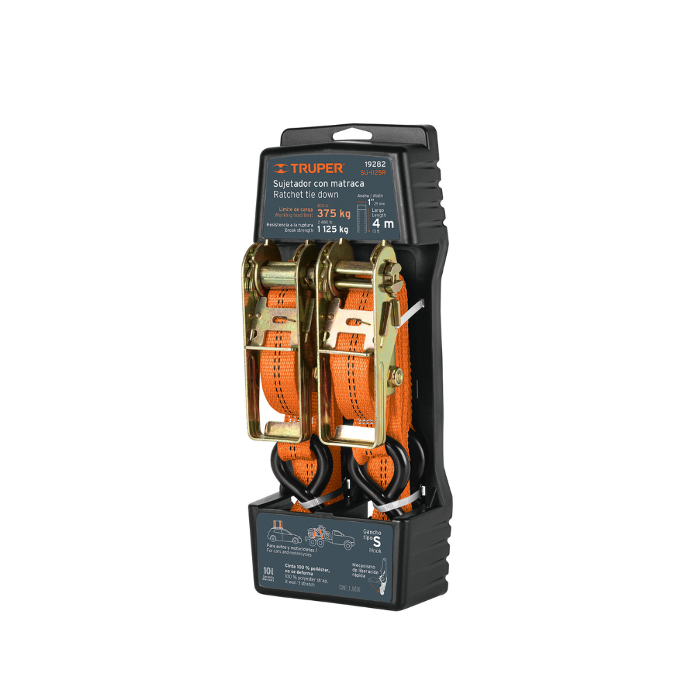 JUEGO 2 SUJETADORES CON RATCHET CARGA LIGERA 1X4M 1125 KG MARCA TRUPER COD 19282 JUEGO 2 SUJETADORES CON RATCHET CARGA LIGERA 1X4M 1125 KG COD 19282 - Imagen 1