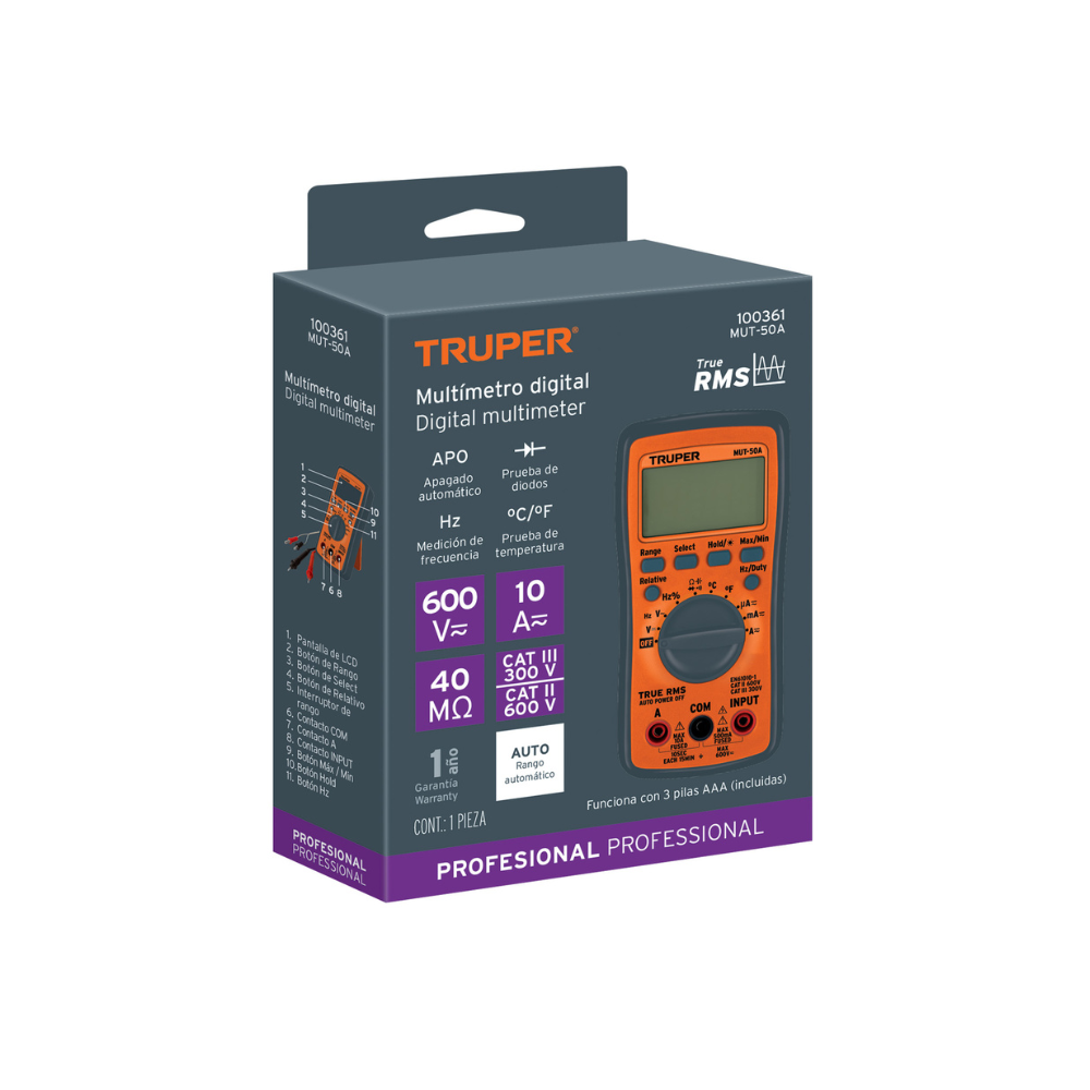 MULTIMETRO DIGITAL CON RMS PROFESIONAL 400MV-600V MARCA TRUPER COD 100361 MULTIMETRO DIGITAL CON RMS PROFESIONAL 400MV-600V COD 100361 - Imagen 1